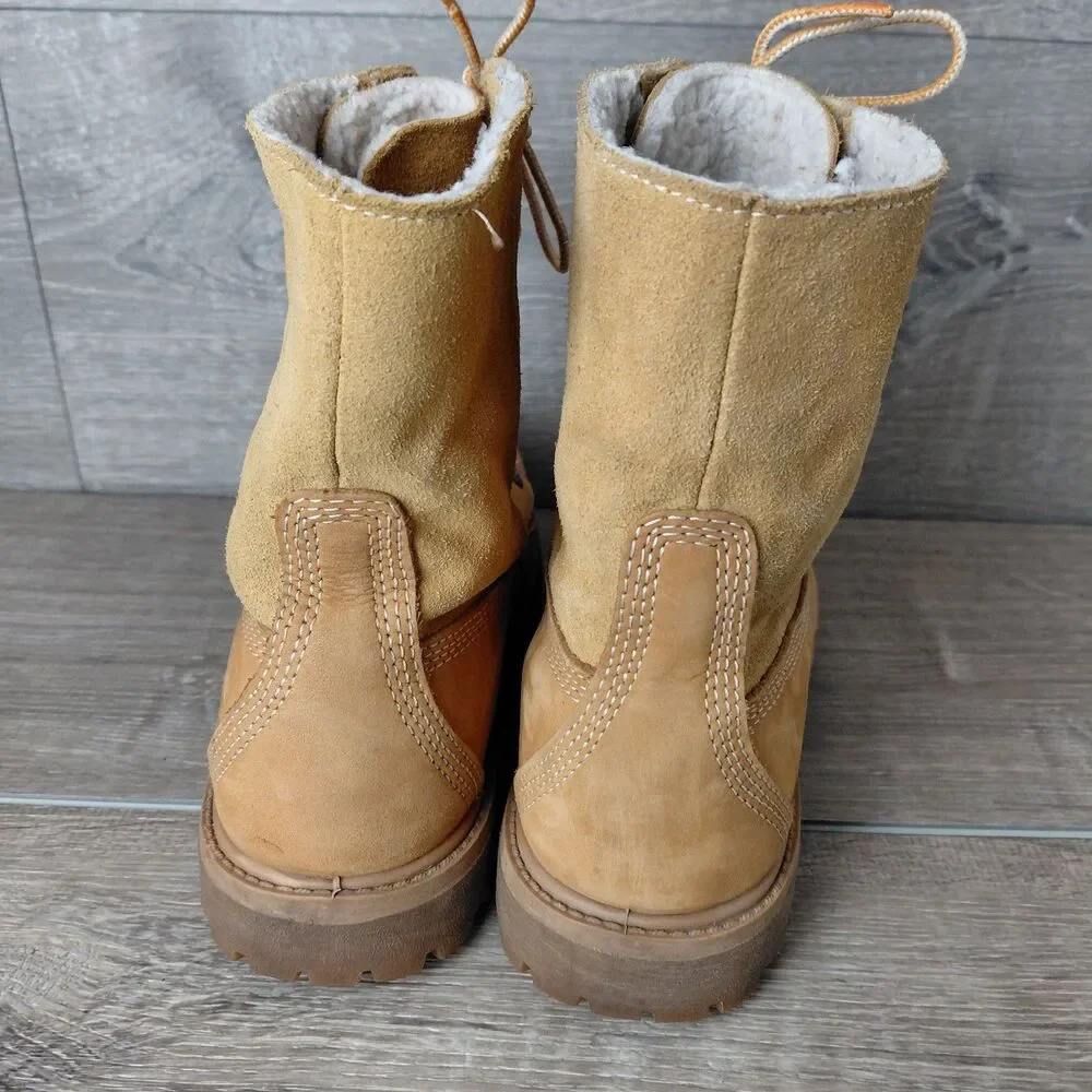 Timberland Teddy Fleece Fold Down Boots Women 7.5 Brown Leather Waterproof 8329R